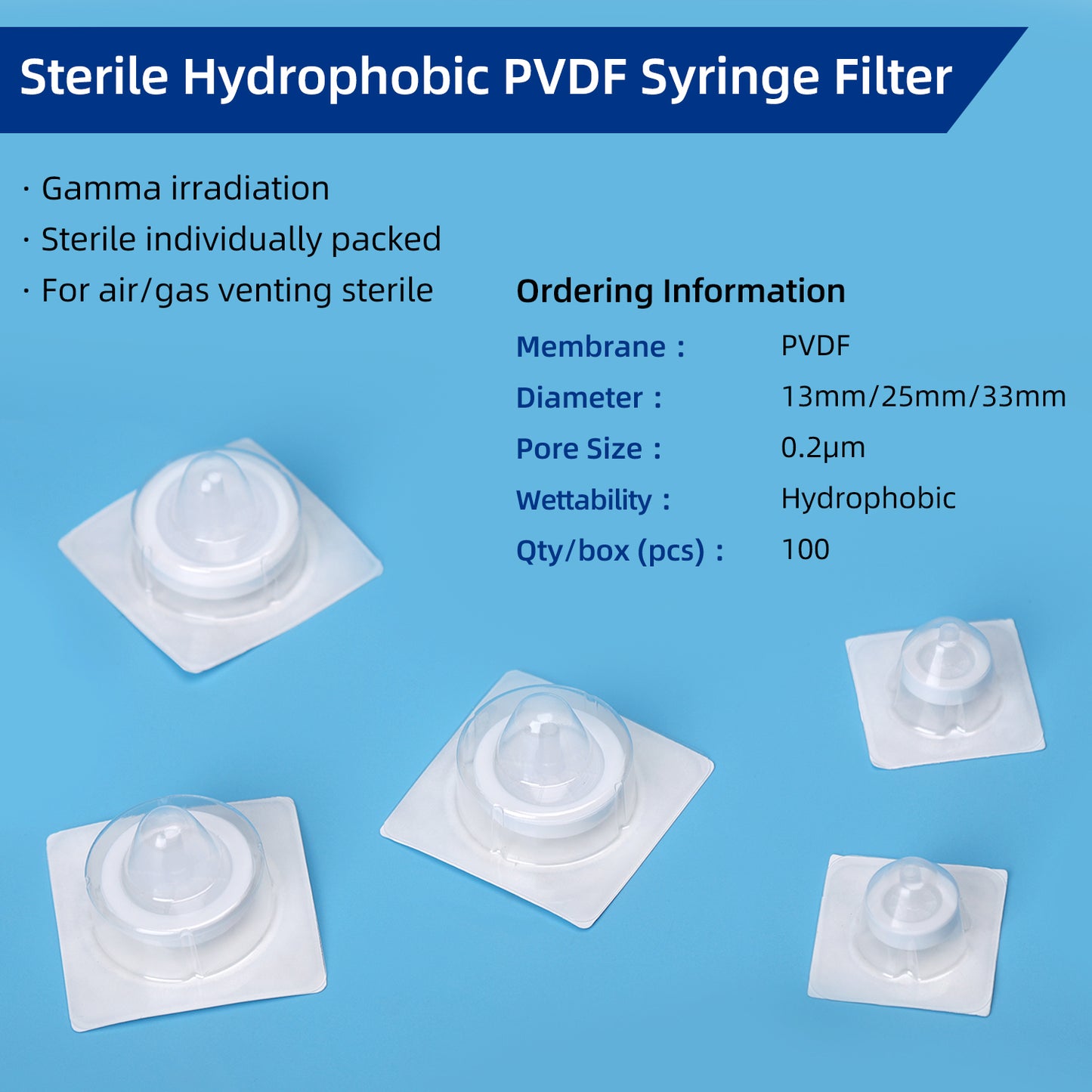 COBETTER 0.2μm Hydrophobic PVDF Syringe Filters for Air/Gas Venting