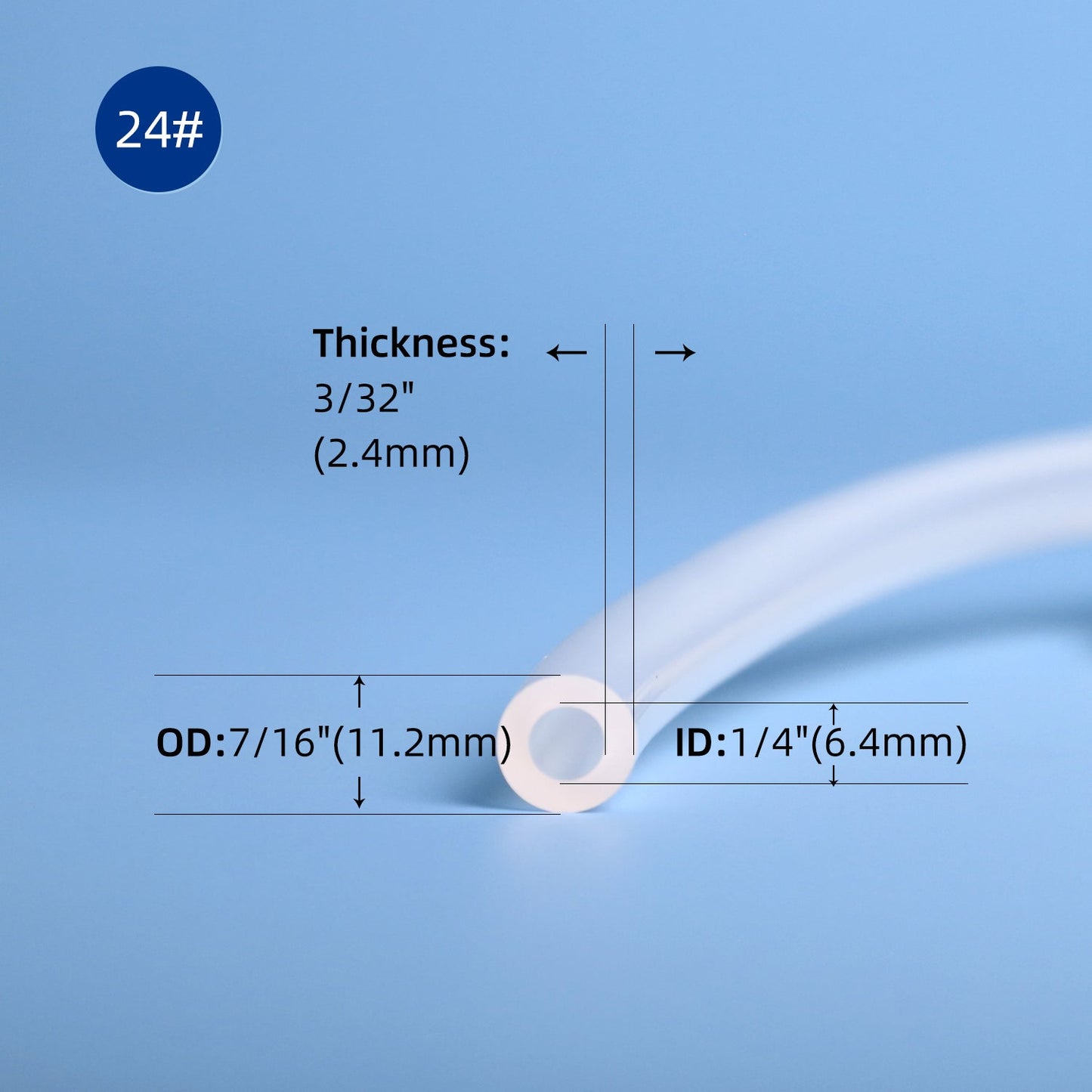 24# tubing, ID 1/4''(6.4mm), OD 7/16''(11.2mm), thickness 3/32''(2.4mm)