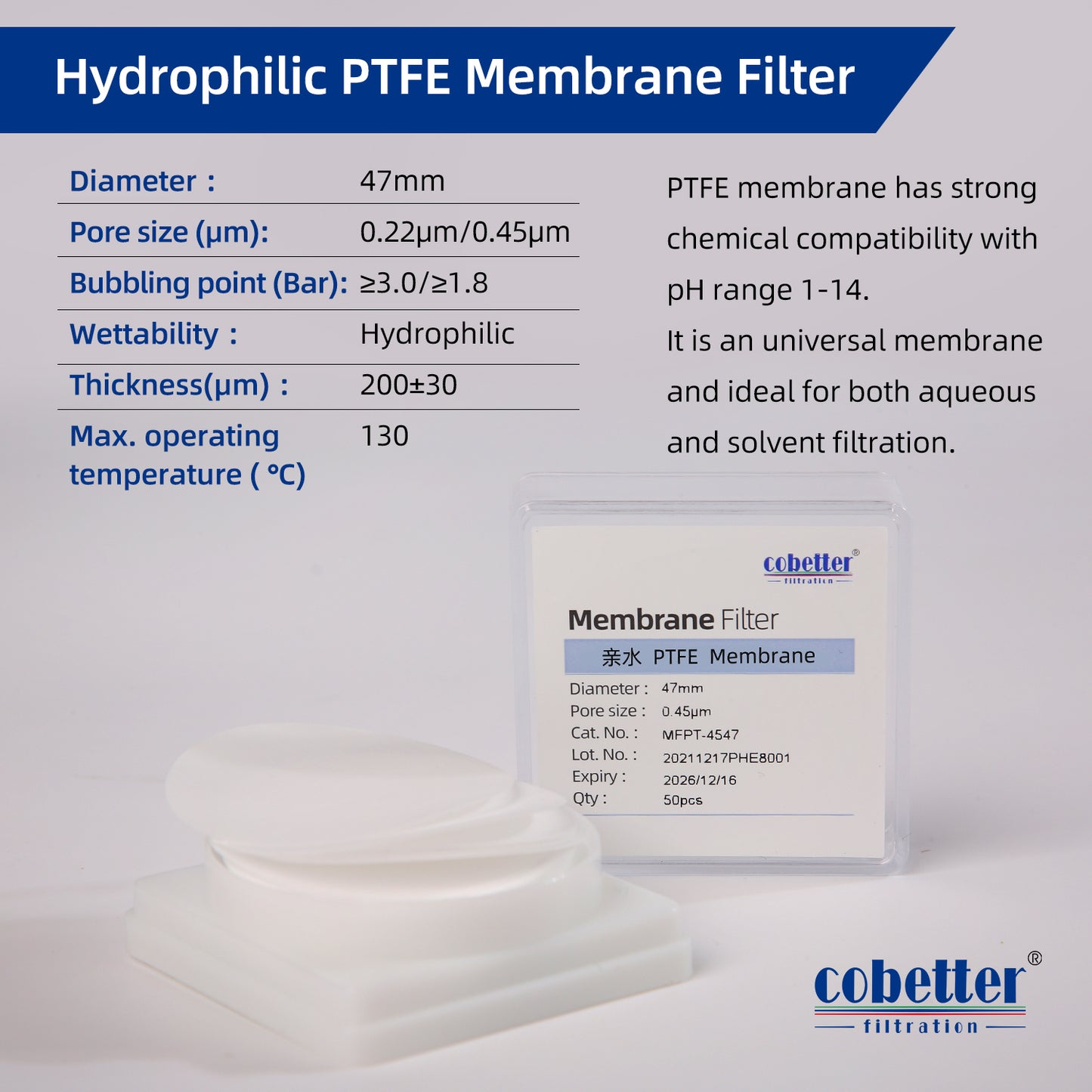 COBETTER Hydrophilic PTFE Membrane Filters Lab Disc Filter 25/50/100 pcs/pk
