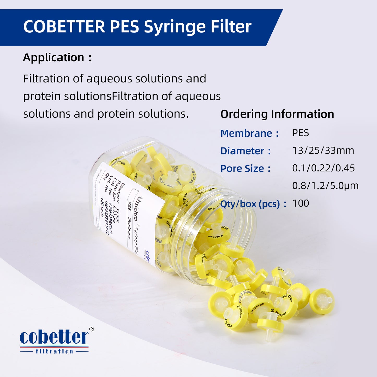 COBETTER Yellow Hydrophilic PES Syringe Filters Non-sterile 100pcs/pk