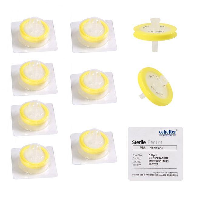 COBETTER 0.1μm PES Syringe Filters for Mycoplasma Filtration with 0.2μm Pre-filter Sterile Individually Packed