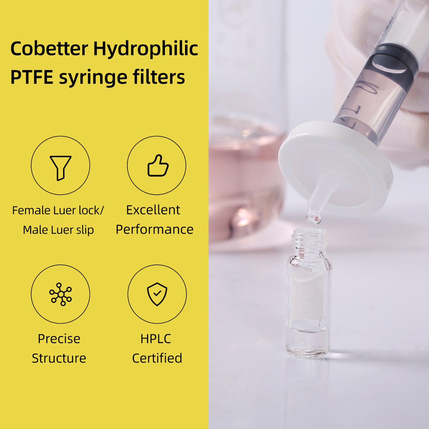 COBETTER Hydrophilic PTFE Syringe Filters Non-sterile HPLC-certified 100pcs/pk