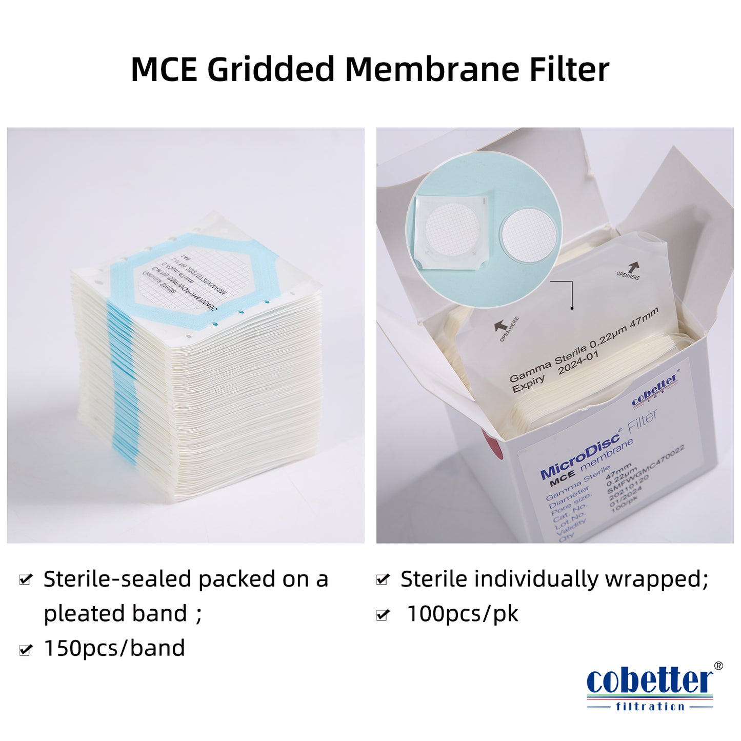 COBETTER MCE Membrane Filter, White with Grid, Packaged on a pleated band