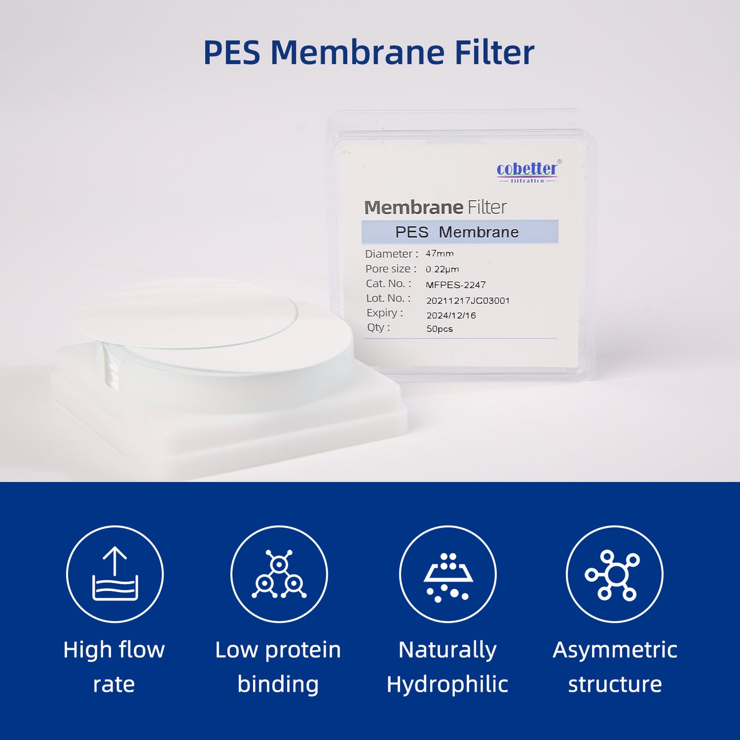 COBETTER Hydrophilic PES Disc Membrane Filters 25/50/100/ pcs/pk