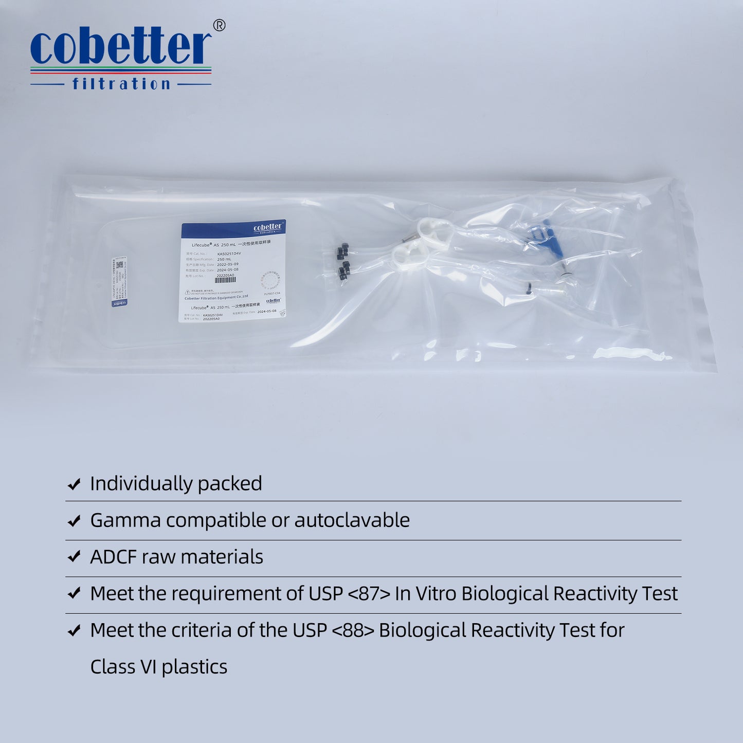 COBETTER 50mL Sampling Bag with 1/8"ID x 1/4"OD Tubing Sterile by Gamma Irradiation