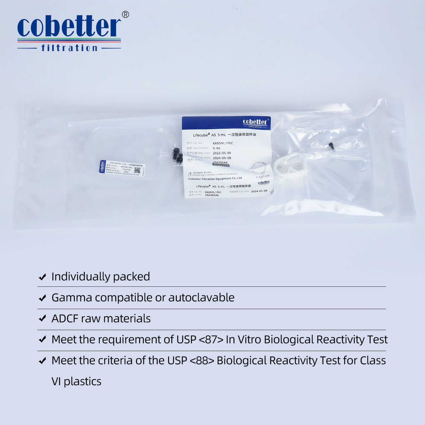 COBETTER 5mL Sampling Bag with 1/8''ID x 1/4''OD Tubing Sterile by Gamma Irradiation