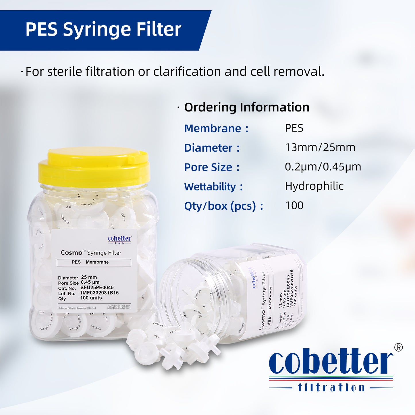 COBETTER Hydrophilic PES Syringe Filters Non-sterile HPLC-certified 100pcs/pk